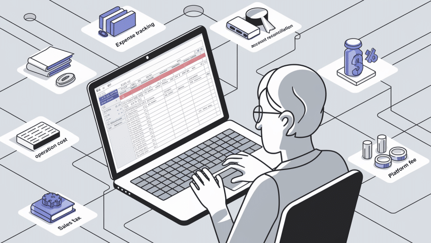 An isometric illustration of a person managing various bookkeeping tasks.