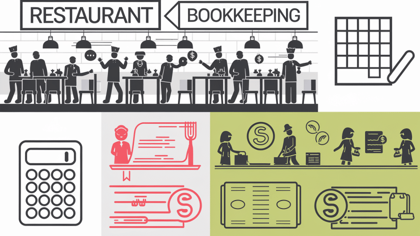 Block illustration of a restaurant with bookkeeping icons, representing the importance of financial management.