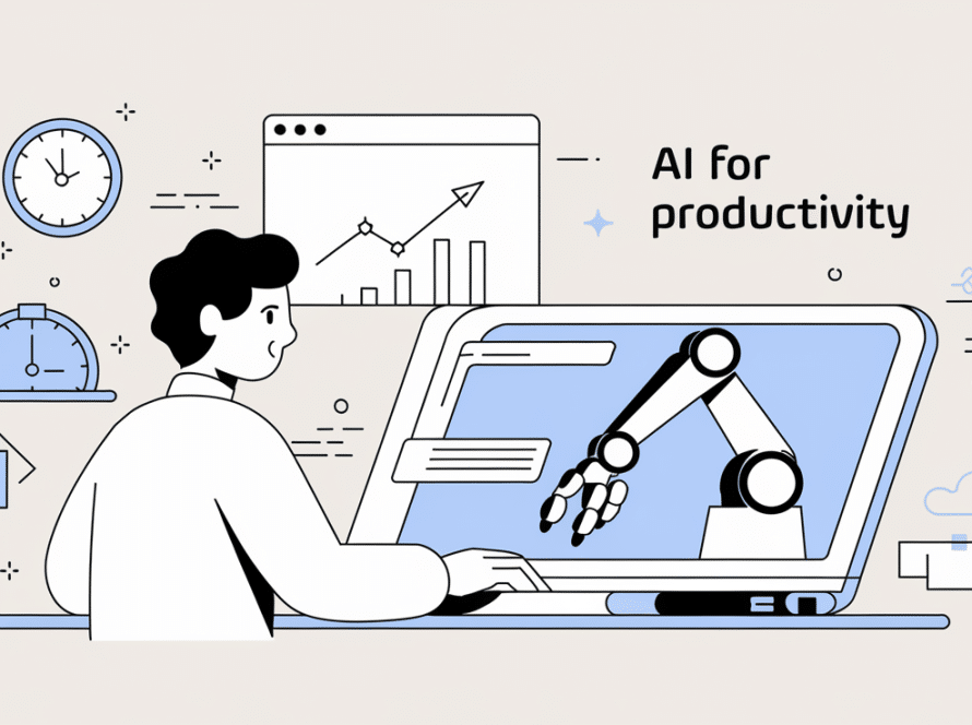 Line art of person working with AI assistance, with icons for efficiency and 'AI for Productivity' text