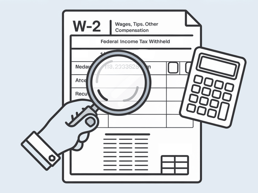 Vector line art of a hand holding a magnifying glass over a W-2 tax form.