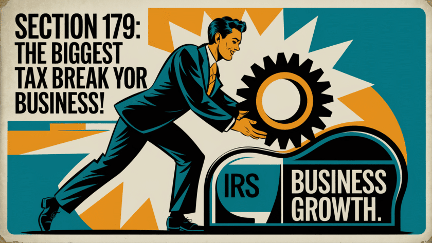 A vintage-style advertising poster promoting the benefits of Section 179 for businesses.