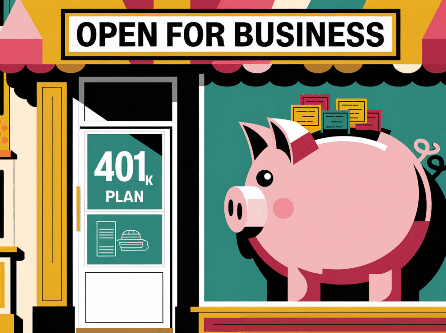 A block illustration of a small business storefront with a piggy bank filled with retirement savings.