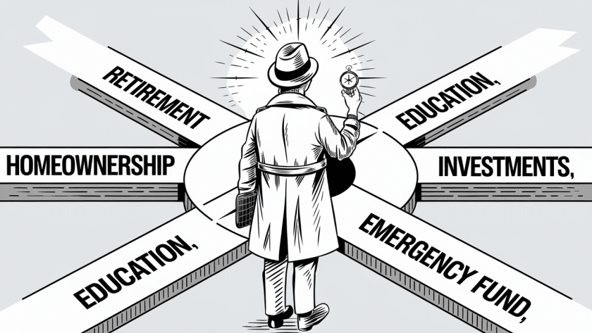 Line art drawing of a person choosing a path at a crossroads.