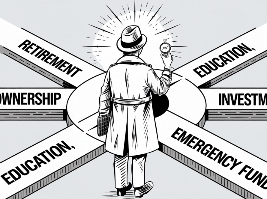 Line art drawing of a person choosing a path at a crossroads.