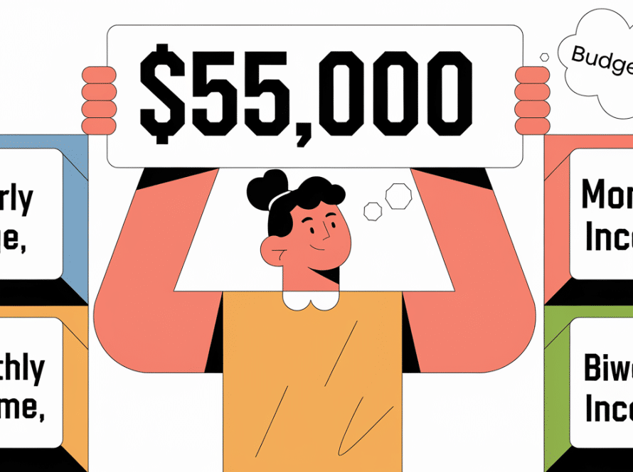 Block illustration showing a person with a '$55,000' sign and blocks representing hourly, monthly, and biweekly income.