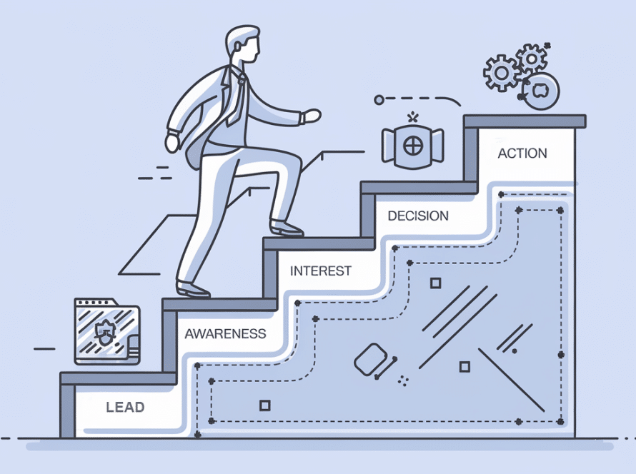 Line art of a person climbing a sales funnel staircase.