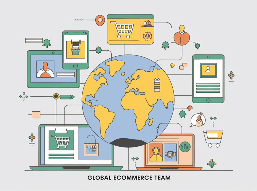 Geometric vector art depicting a global ecommerce team connected through various devices.