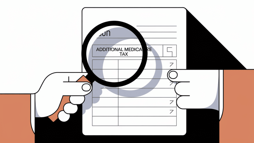 A hand holding a magnifying glass over a paystub with the Additional Medicare Tax line highlighted.