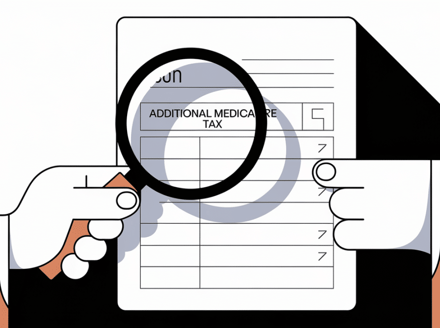 A hand holding a magnifying glass over a paystub with the Additional Medicare Tax line highlighted.
