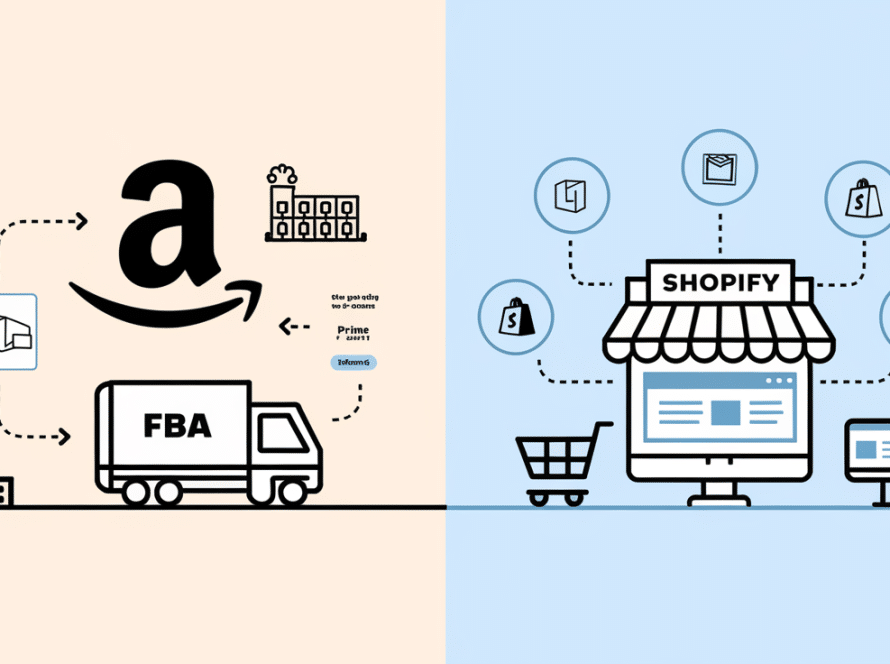 Vector line art comparing Amazon FBA and Shopify, with icons representing their features