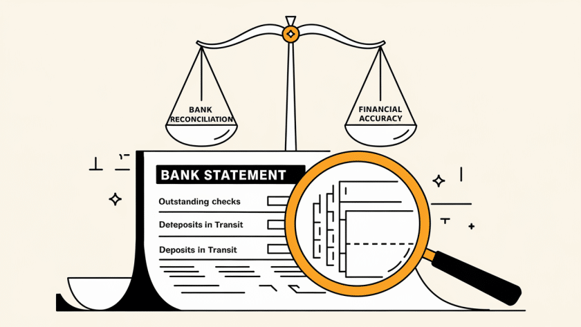 Vector line art of a magnifying glass inspecting a bank statement with a balanced scale in the background.