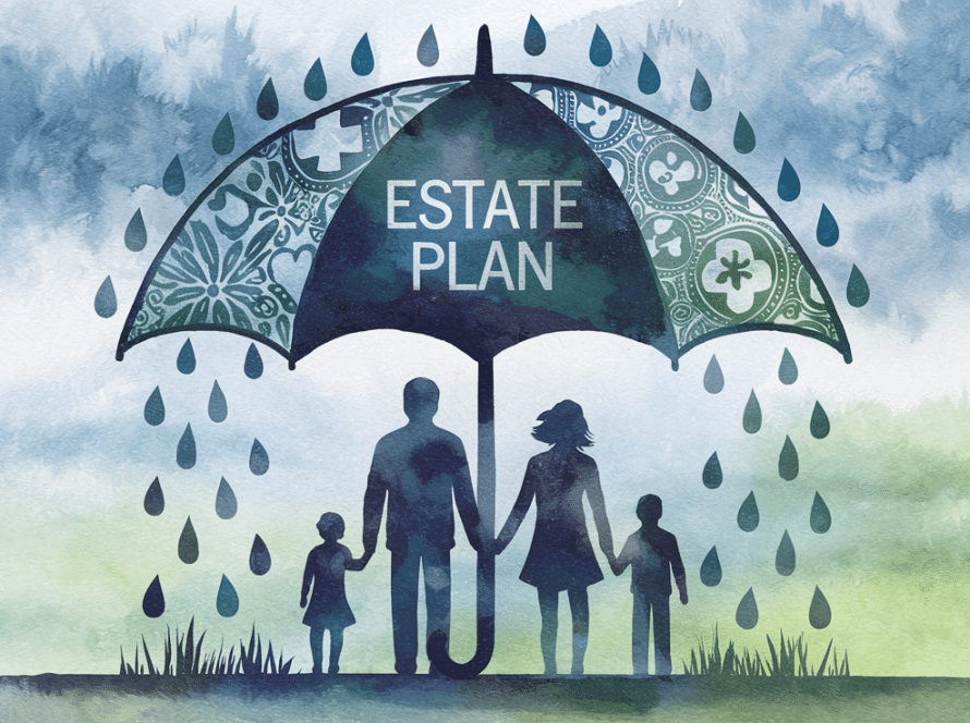 A family sheltered under an umbrella labeled "Estate Plan."