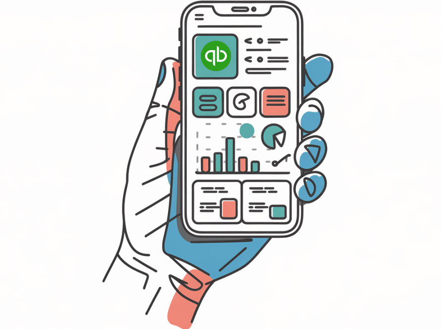 Line art of a hand holding a smartphone with an accounting app open
