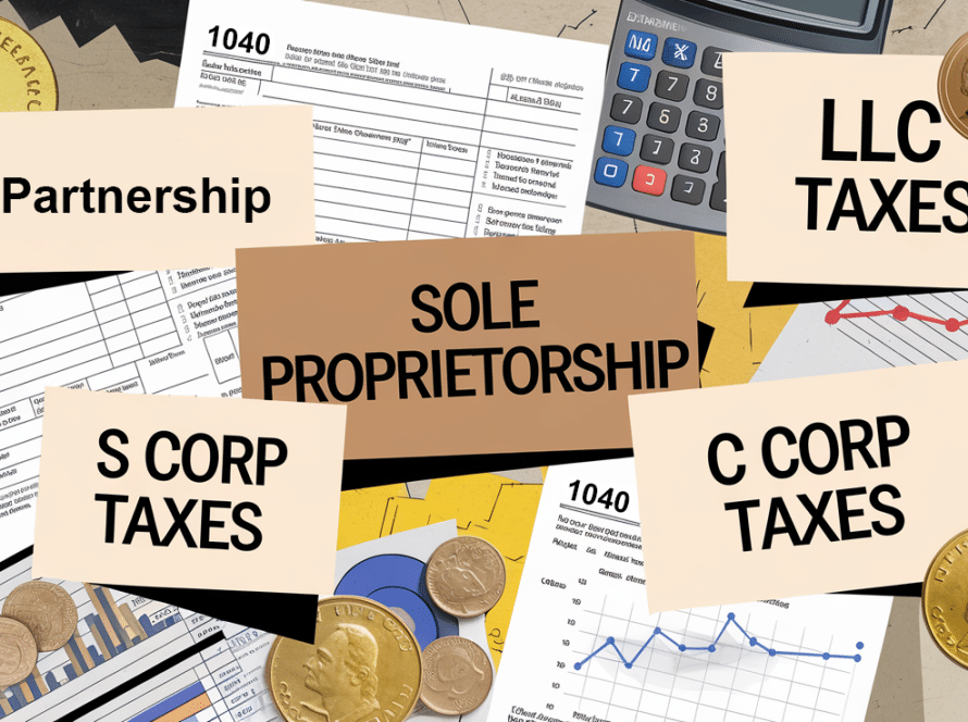 Collage representing the complexities of taxes for LLC, Partnership, S Corps and C Corps.
