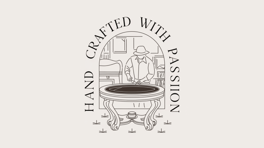 Line art of an artisan crafting a unique furniture piece with the text 'Handcrafted with Passion.'