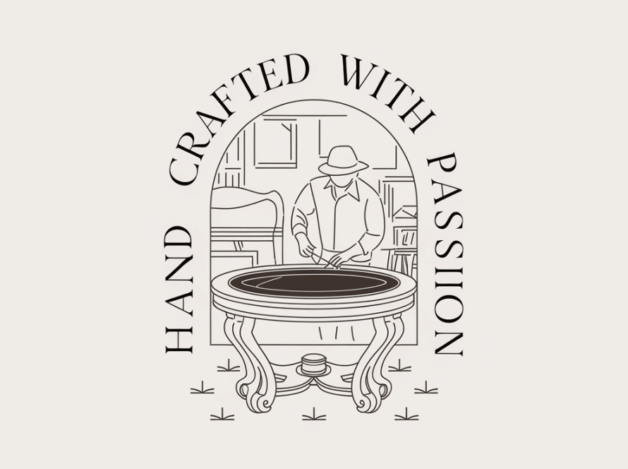 Line art of an artisan crafting a unique furniture piece with the text 'Handcrafted with Passion.'