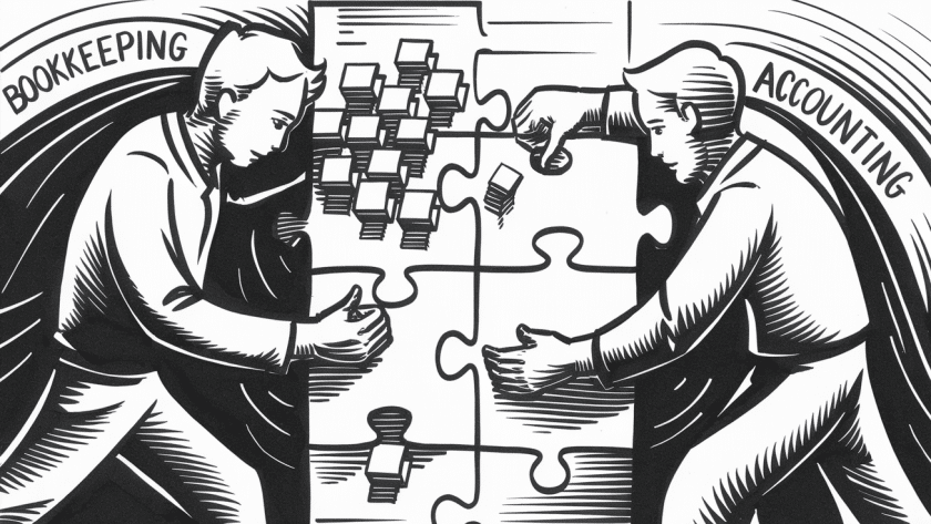 An ink drawing of two figures working together on a puzzle, representing bookkeeping and accounting.