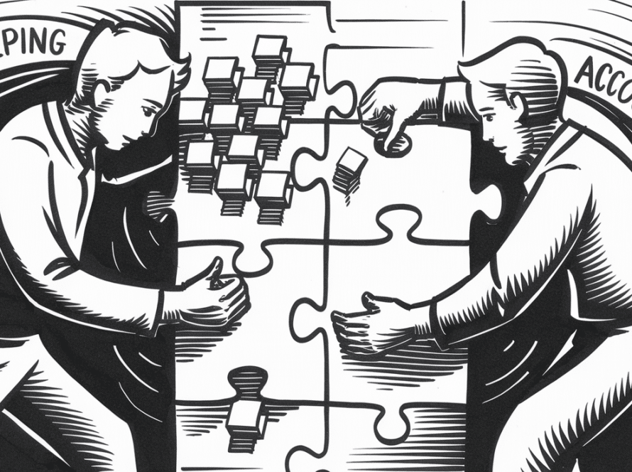 An ink drawing of two figures working together on a puzzle, representing bookkeeping and accounting.