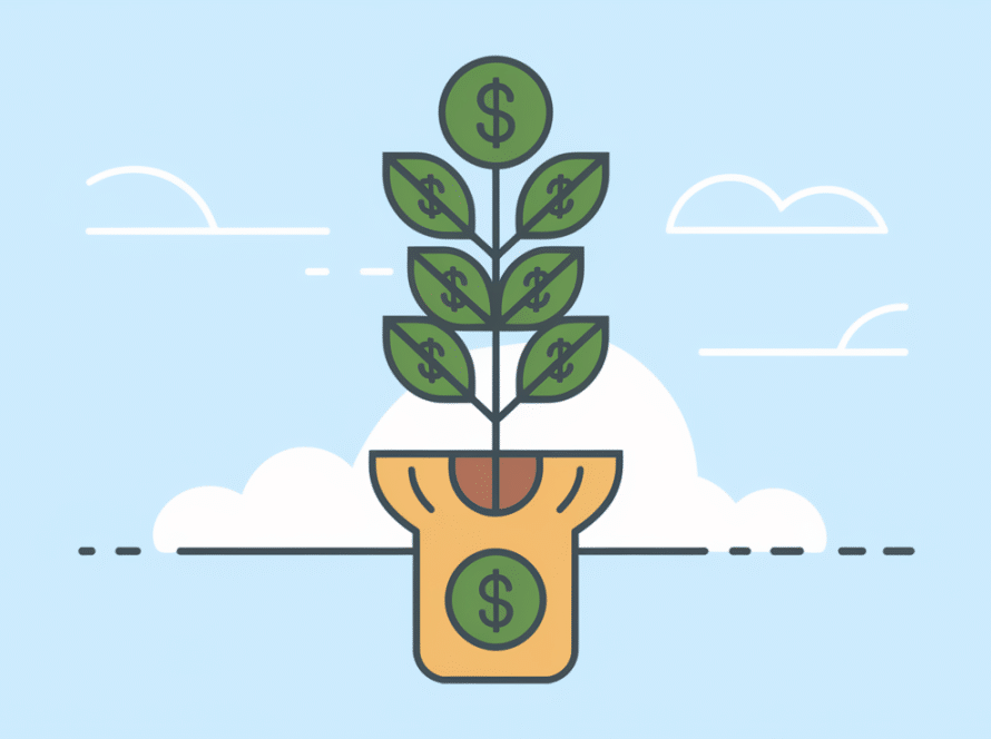 Line art of a plant growing into a tree with dollar signs on the leaves and branches.