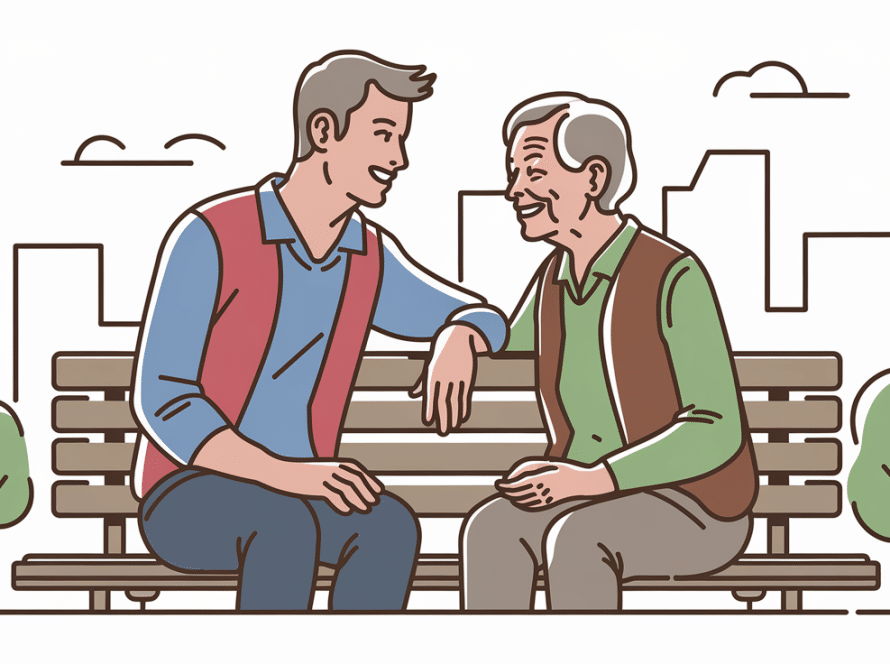 A young adult and an elderly person enjoying a conversation on a park bench.