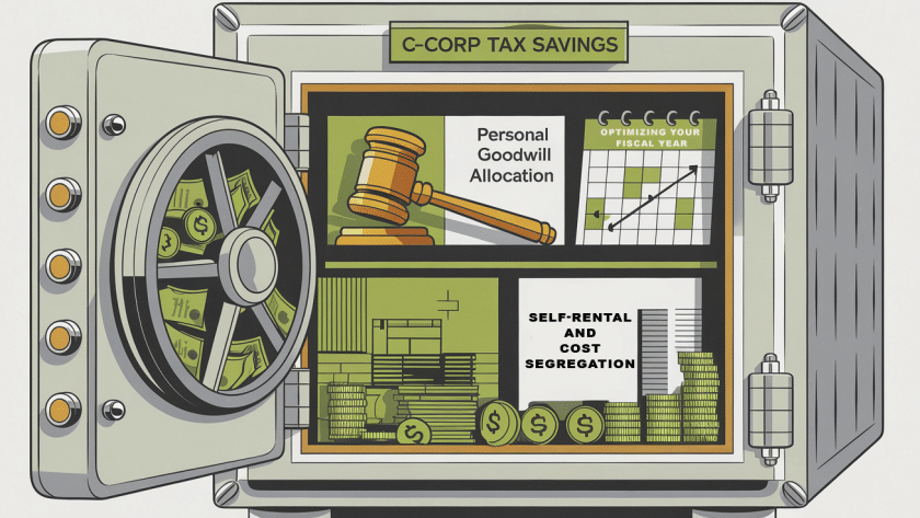 A safe overflowing with money, labeled "C-Corp Tax Savings," with icons representing goodwill allocation, fiscal year optimization, and self-rental strategies.