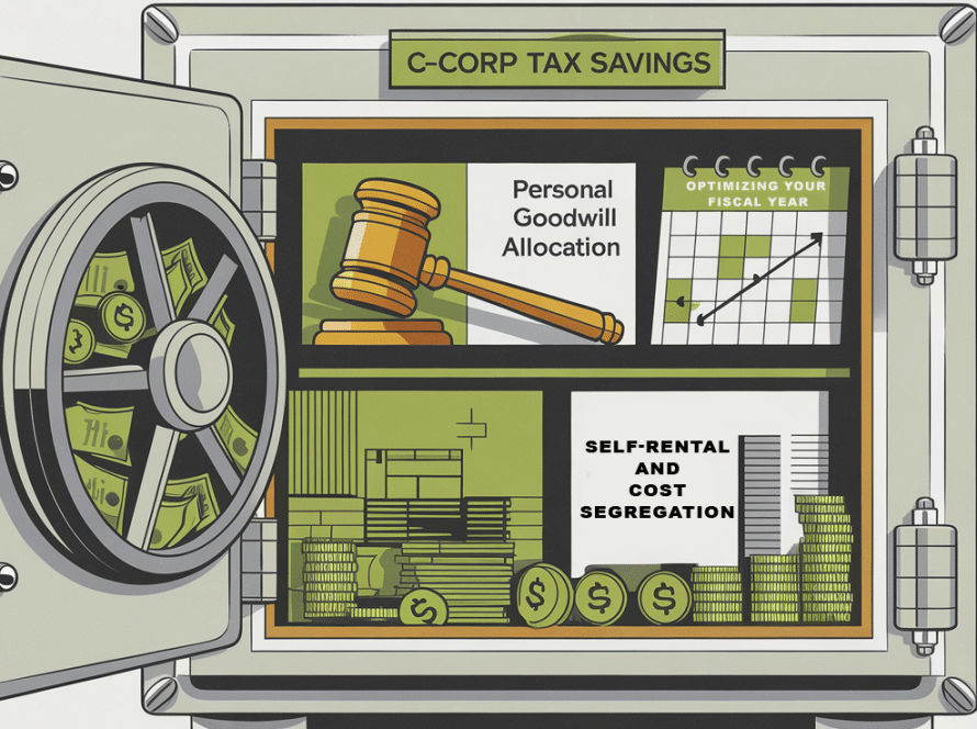 A safe overflowing with money, labeled "C-Corp Tax Savings," with icons representing goodwill allocation, fiscal year optimization, and self-rental strategies.