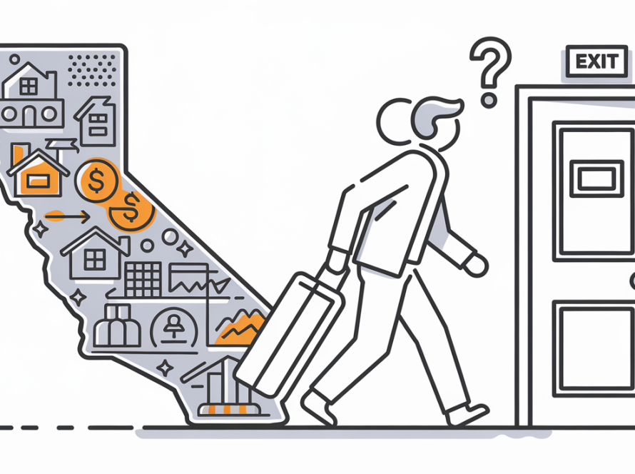 Line art person leaving California with suitcase