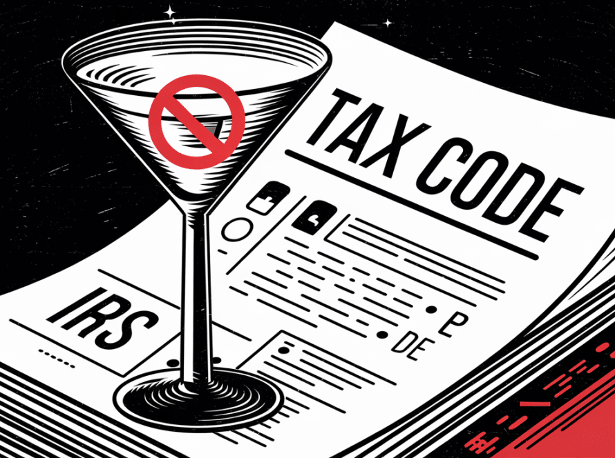 A martini glass with a "no" symbol, placed on IRS tax code documents.