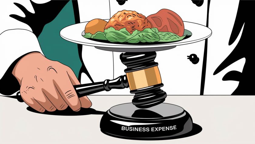 A stylized image of a hand holding a gavel with a plate of food on top, representing the legal aspects of deducting business meals.