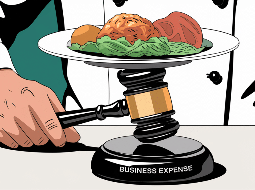 A stylized image of a hand holding a gavel with a plate of food on top, representing the legal aspects of deducting business meals.