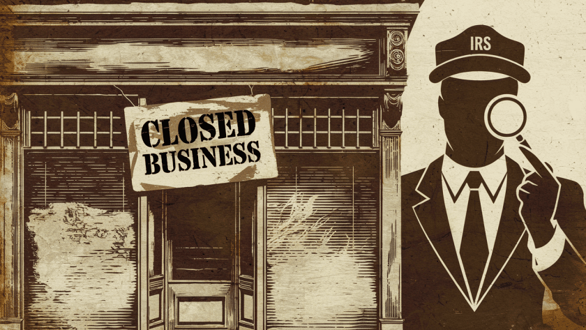 Woodcut illustration of a closed business being audited by the IRS.
