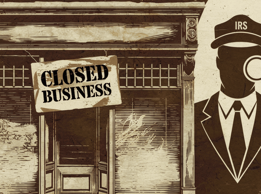 Woodcut illustration of a closed business being audited by the IRS.