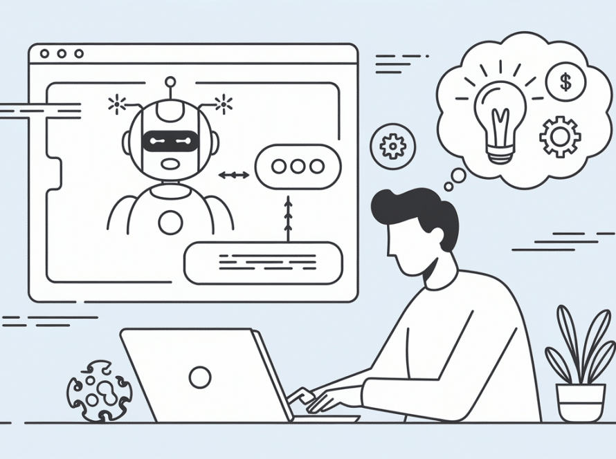 Line art of person using AI-powered Chrome extension on laptop.