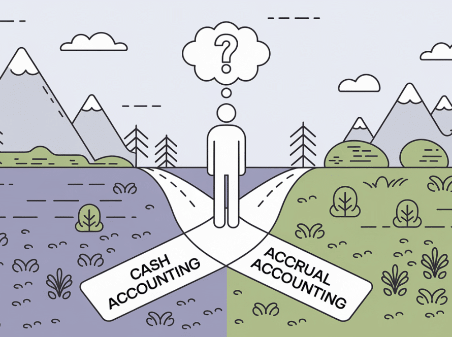 Line art of a person at a crossroads with paths labeled "Cash Accounting" and "Accrual Accounting"