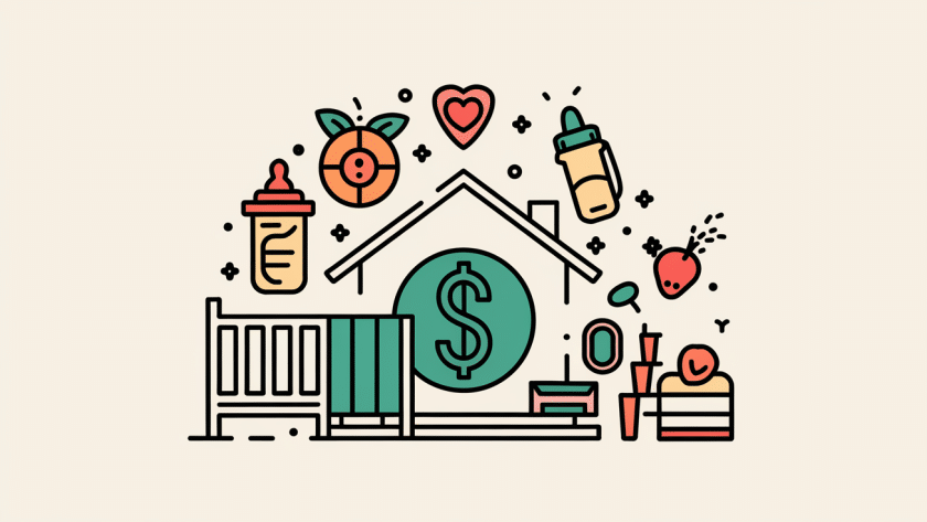 Line art house with dollar sign and childcare icons