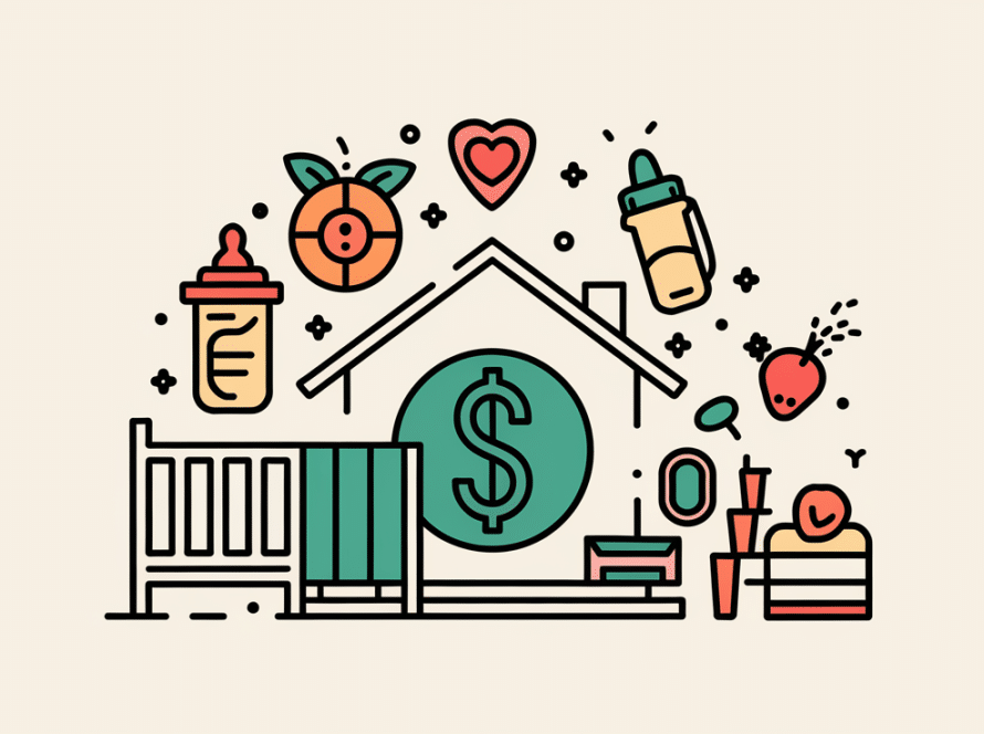 Line art house with dollar sign and childcare icons