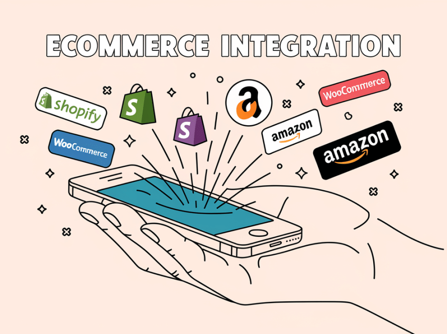 Vector line art of hand holding phone with ecommerce platform logos