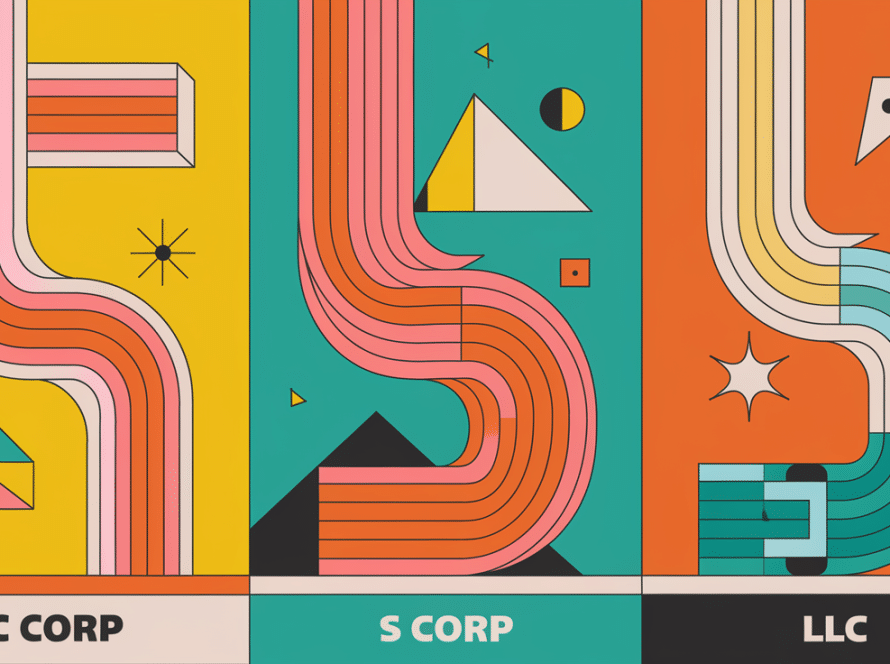 A block illustration showing three paths representing C Corp, S Corp, and LLC, each with unique characteristics.