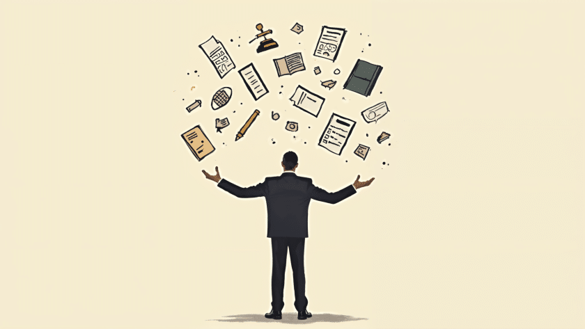 A business owner juggling various elements related to worker classification, including legal documents, tax forms, and benefits.