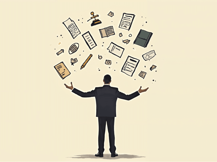 A business owner juggling various elements related to worker classification, including legal documents, tax forms, and benefits.