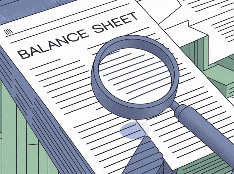 A magnifying glass examining a balance sheet.