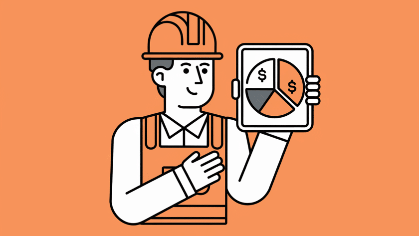 Line art of construction worker holding a tablet with a pie chart