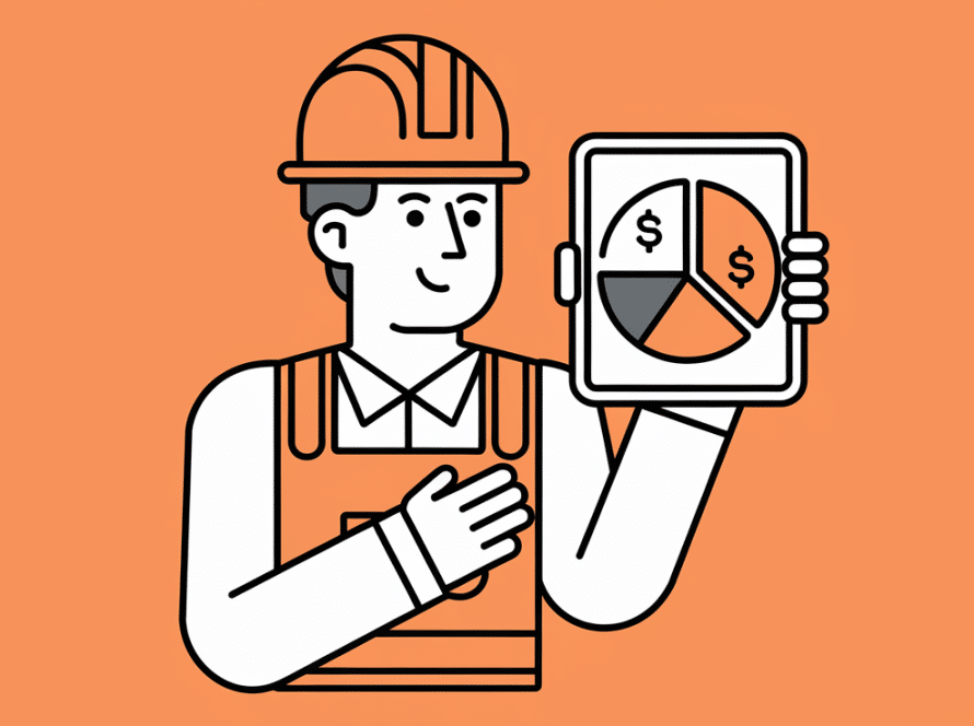 Line art of construction worker holding a tablet with a pie chart