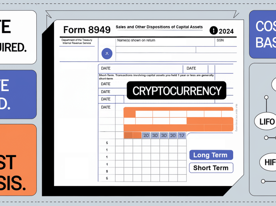 Block illustration of Form 8949 with key fields and cost basis methods highlighted, relevant to cryptocurrency tax reporting.