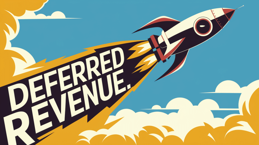 A rocket launching upwards, leaving a trail of "Deferred Revenue" smoke.