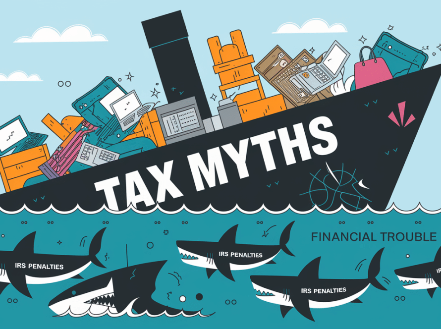 A line art drawing of a sinking ship labeled "Tax Myths" surrounded by sharks labeled "IRS Penalties."
