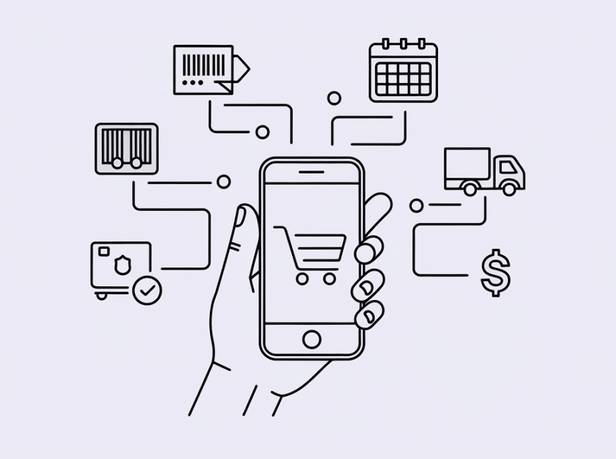 Vector line art of a smartphone connected to e-commerce accounting icons.