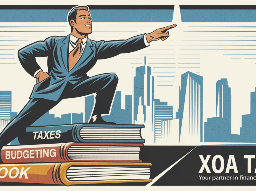 A vintage-style poster showing an entrepreneur standing on books labeled with financial essentials, pointing towards a bright future.