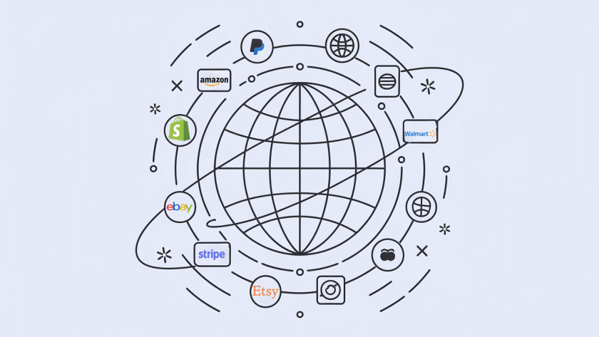 Vector line art of a globe with shipping routes and payment gateway icons.