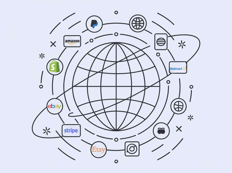 Vector line art of a globe with shipping routes and payment gateway icons.